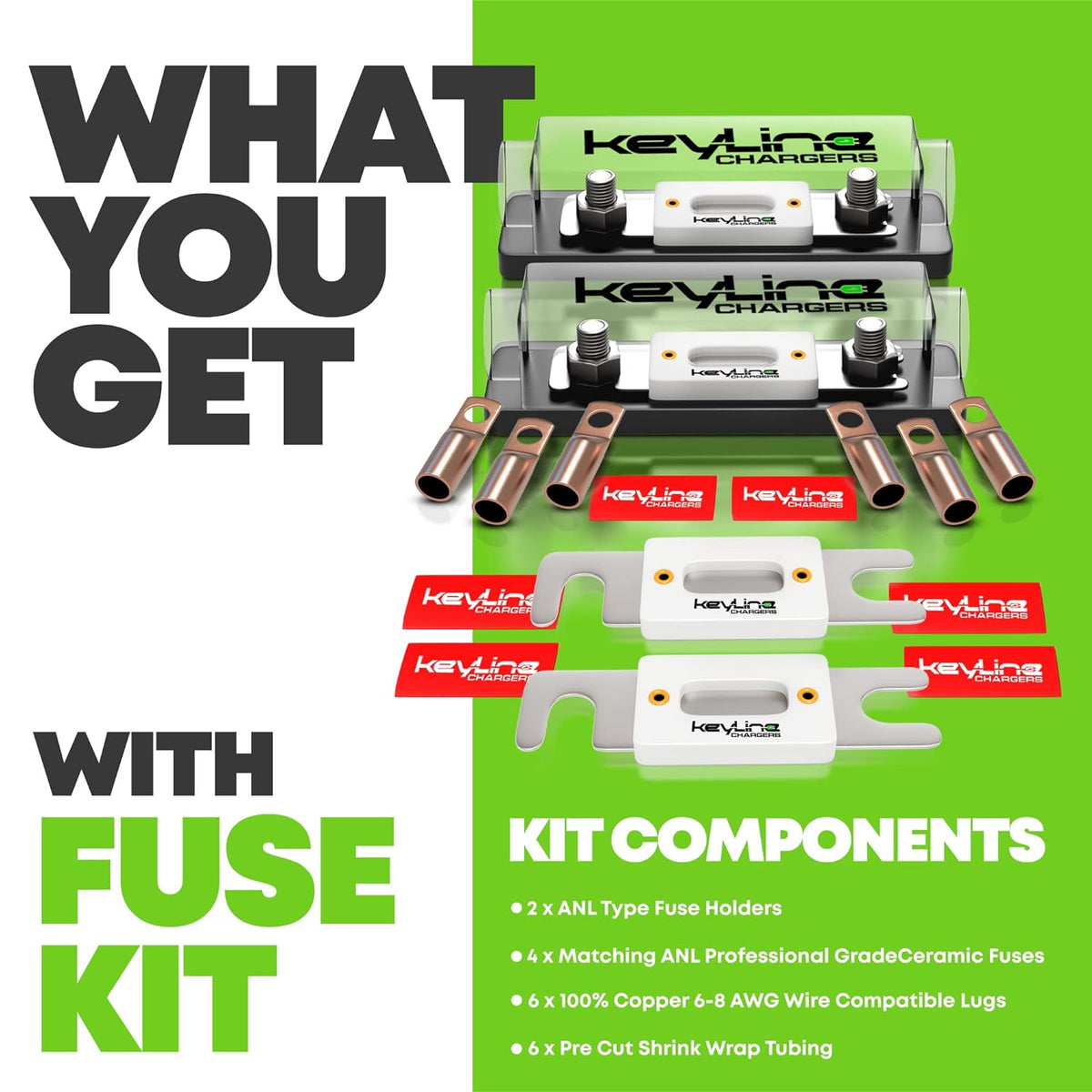 ANL Fuse Holder 100 Amp Complete Kit - Inline Professional Grade Ceramic ANL 100 Amp Fuse Block Car Audio | Weatherproof Design | 8 AWG Mega Fuse Holder, and Copper Lugs by Keyline Chargers