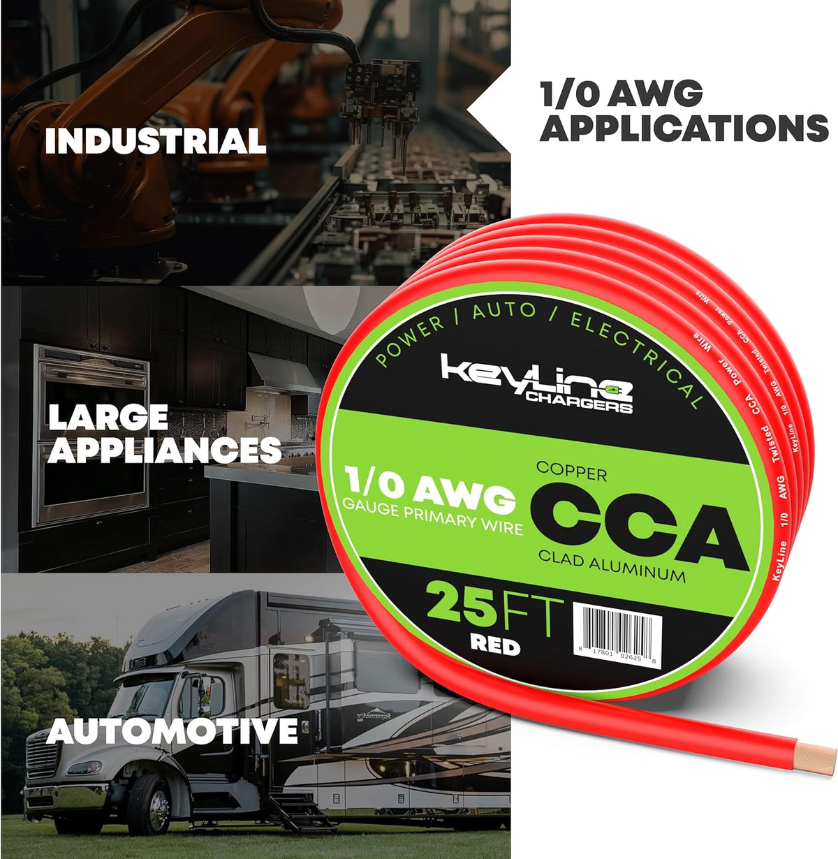 1/0 Gauge Wire - 25ft Red | 1/0 Gauge Amp Wire, Battery Cable, Marine Speaker Wire, Solar Cables for RV Trailer, Car Audio Speaker Cable, 8 AWG Automotive Wire Copper Clad Aluminum (CCA)