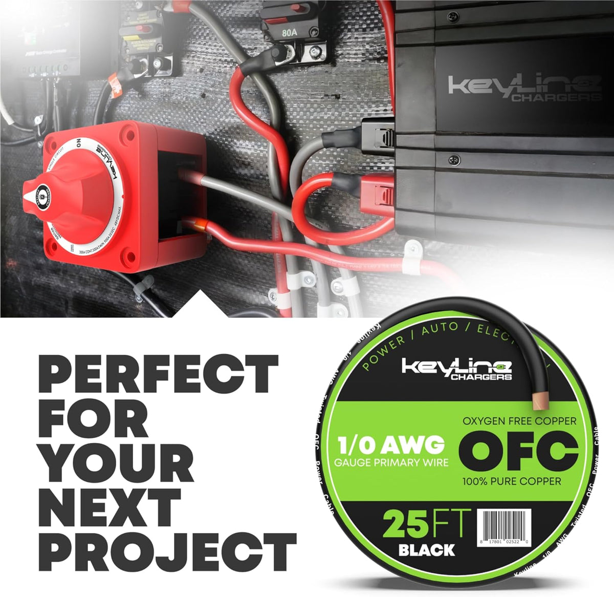 OFC Black 1/0 AWG Gauge Wire Oxygen Free Copper - (25ft), Automotive Wire, Power/Ground, Battery Cable, True Spec Welding & Automotive, Car Audio Speaker, RV Trailer, Amp Wiring by Keyline Chargers