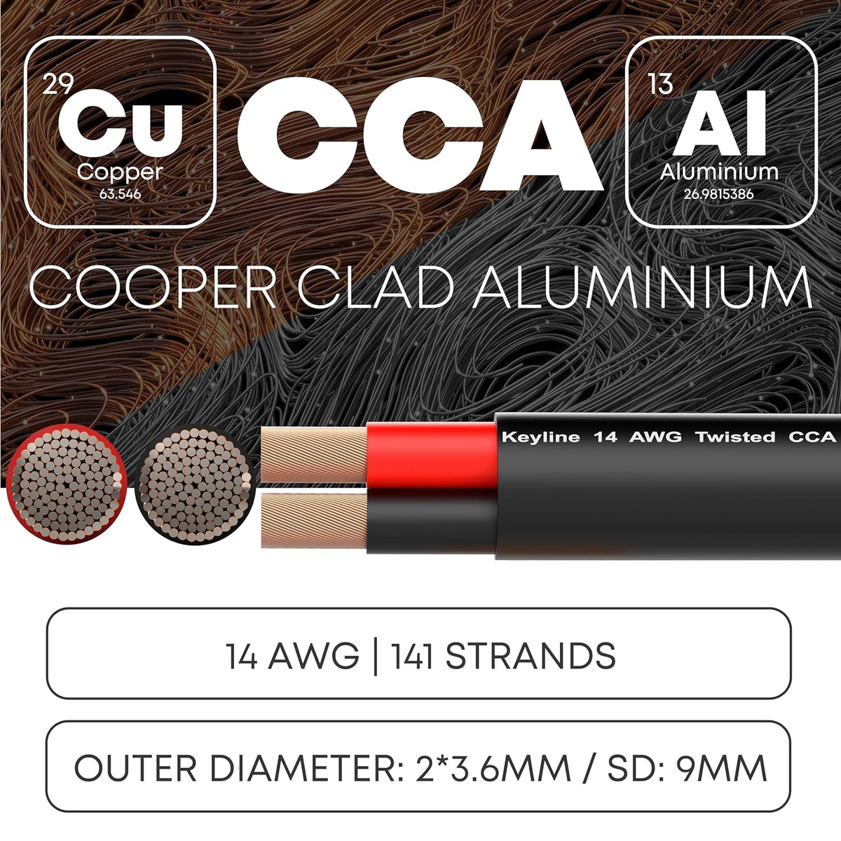 14 Gauge Speaker Wire - 100 Feet Black| 14-2 AWG Gauge - Outdoor Speaker Wire, CL3 CL2 Rated for in Ground Burial & in Wall / 2 Conductors - Marine Speaker Wire CCA Copper Clad Aluminum, Black 100ft