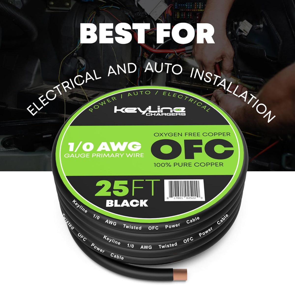 OFC Black 1/0 AWG Gauge Wire Oxygen Free Copper - (25ft), Automotive Wire, Power/Ground, Battery Cable, True Spec Welding & Automotive, Car Audio Speaker, RV Trailer, Amp Wiring by Keyline Chargers