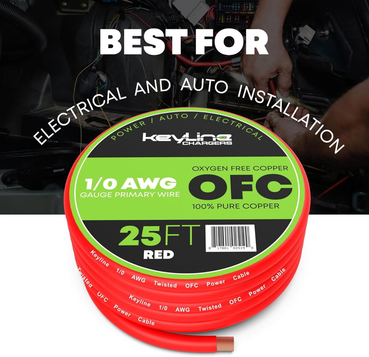 1/0 AWG Gauge Wire (25ft) Red | Oxygen Free Copper (OFC), Automotive Wire, Power/Ground, Battery Cable, True Spec Welding & Automotive, Car Audio Speaker, RV Trailer, Amp Wiring by Keyline Chargers