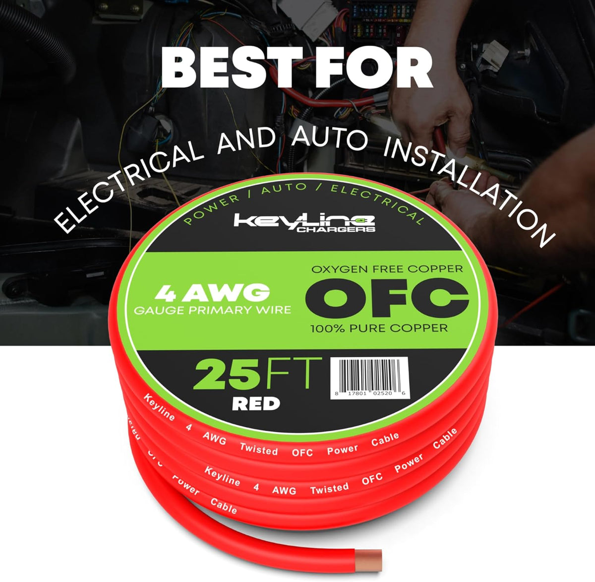 OFC 4 AWG Gauge Wire (25ft) Red | Oxygen Free Copper, Automotive Wire, Power/Ground, Battery Cable, True Spec Welding & Automotive, Car Audio Speaker, RV Trailer, Amp Wiring by Keyline Chargers