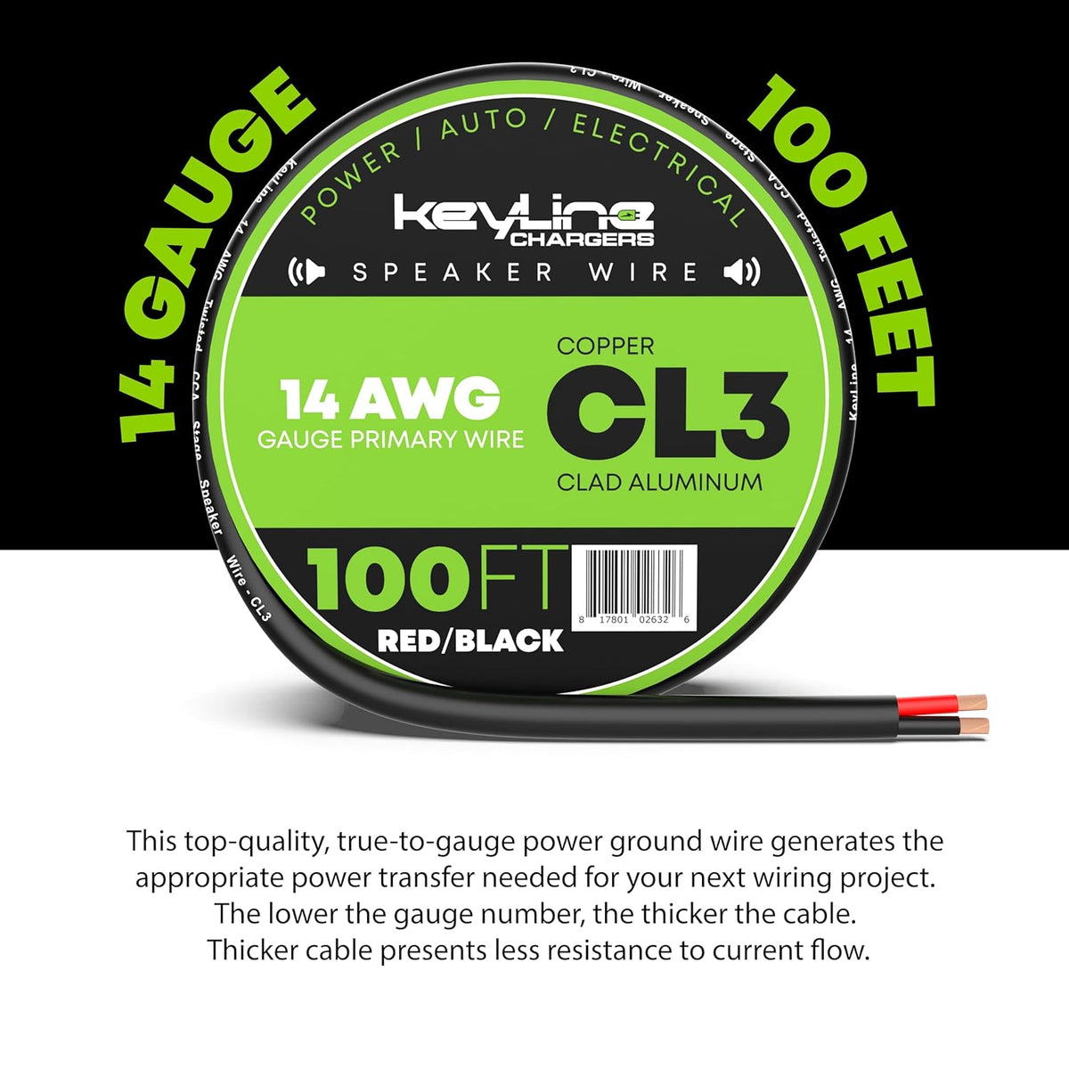 14 Gauge Speaker Wire - 100 Feet Black| 14-2 AWG Gauge - Outdoor Speaker Wire, CL3 CL2 Rated for in Ground Burial & in Wall / 2 Conductors - Marine Speaker Wire CCA Copper Clad Aluminum, Black 100ft