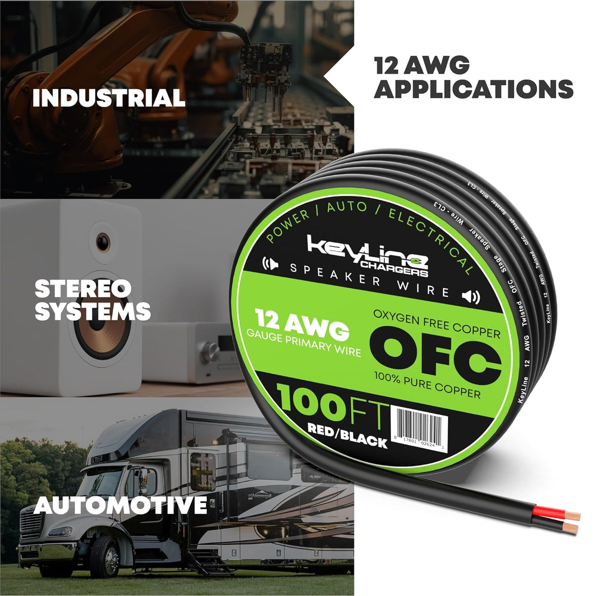 12 Gauge Speaker Wire - 100 Feet Black| 12-2 AWG Gauge - Outdoor Speaker Wire, CL3 CL2 Rated for in Ground Burial & in Wall / 2 Conductors - Marine Speaker Wire OFC Oxygen-Free Copper, Black 100ft