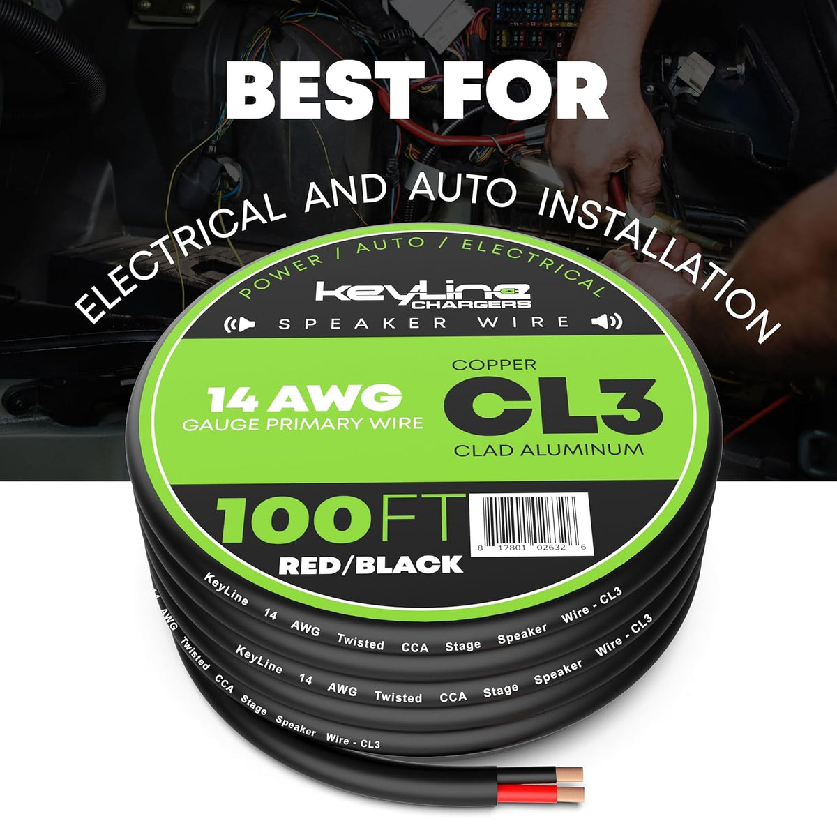 14 Gauge Speaker Wire - 100 Feet Black| 14-2 AWG Gauge - Outdoor Speaker Wire, CL3 CL2 Rated for in Ground Burial & in Wall / 2 Conductors - Marine Speaker Wire CCA Copper Clad Aluminum, Black 100ft