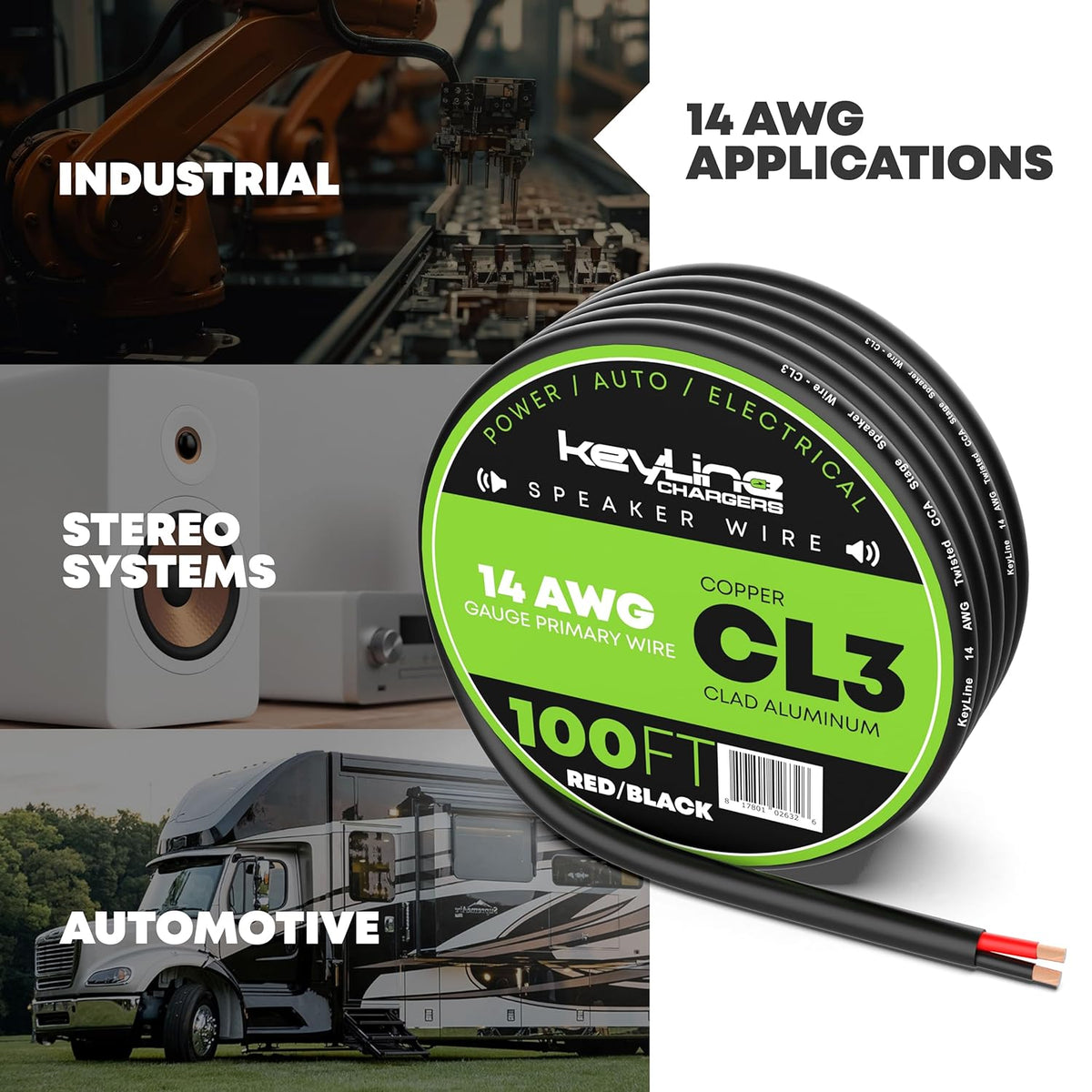 14 Gauge Speaker Wire - 100 Feet Black| 14-2 AWG Gauge - Outdoor Speaker Wire, CL3 CL2 Rated for in Ground Burial & in Wall / 2 Conductors - Marine Speaker Wire CCA Copper Clad Aluminum, Black 100ft