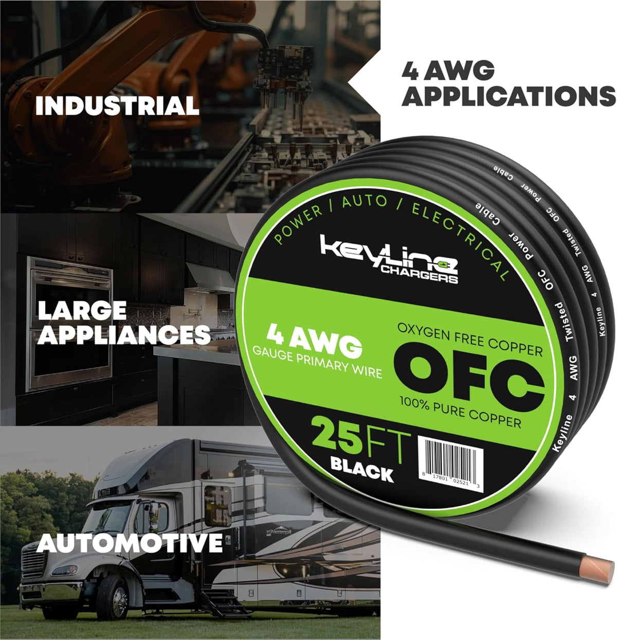 4 AWG Gauge Wire (25ft) Black | Oxygen Free Copper (OFC), Automotive Wire, Power/Ground, Battery Cable, True Spec Welding & Automotive, Car Audio Speaker, RV Trailer, Amp Wiring by Keyline Chargers