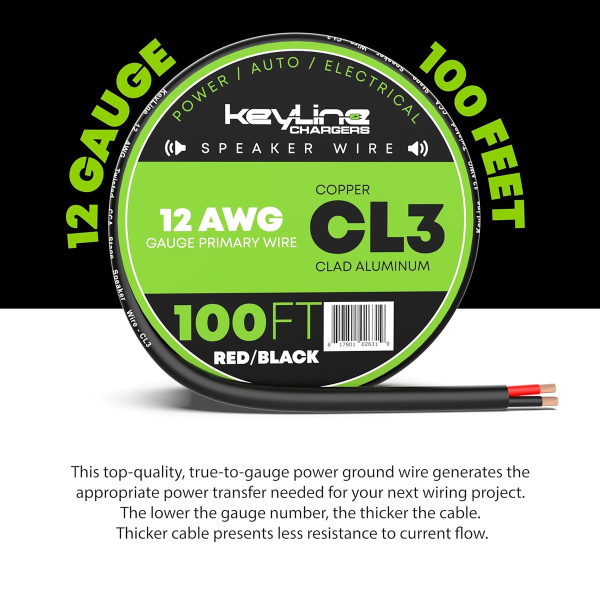 12 Gauge Speaker Wire - 100 Feet Black| 12-2 AWG Gauge - Outdoor Speaker Wire, CL3 CL2 Rated for in Ground Burial & in Wall / 2 Conductors - Marine Speaker Wire CCA Copper Clad Aluminum, Black 100ft